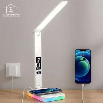 Lampa de Birou Elindor® Alba cu LED Integrat, Incarcare USB, cu Incarcare Rapida Telefon, 3 Moduri Lumina Camera Rece/Cald, Comanda prin Buton, Veioza Pliabila cu Brat Reglabil, Compacta si Portabila, pentru Birou, Dormitor, Hol, Living, 36.5 cm - Defaul