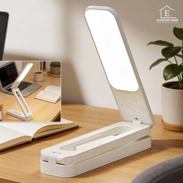 Lampa de Birou Elindor® Alba cu LED Integrat, Incarcare USB si cu Acumulator, 3 Moduri Lumina Camera Rece/Cald, Comanda prin Buton, Veioza Pliabila cu Brat Reglabil, Compacta si Portabila, pentru Birou, Dormitor, Hol, Living, 21 × 42 × 5 cm - Default Tit