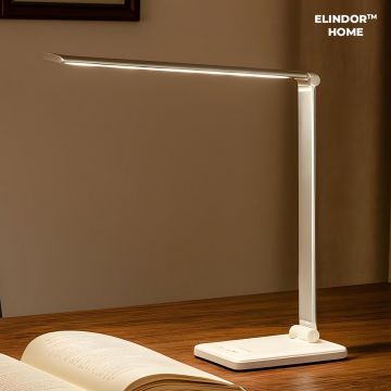 Lampa de Birou Elindor® Argintie cu LED, Pliabila, Incarcare USB si Incare Wireless Telefon, 5 Moduri Lumina Camera Rece/Cald si 5 Intensitati, Veioza Control prin Atingere, Potrivita si pentru Noptiera in Dormitor, Oprire Automata, 39 x 3 x 10,8 cm - De