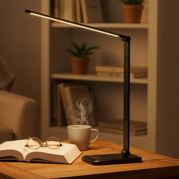 Lampa de Birou Elindor® Neagra cu LED, Pliabila, Incarcare USB si Incare Wireless Telefon, 5 Moduri Lumina Camera Rece/Cald si 5 Intensitati, Veioza Control prin Atingere, Potrivita si pentru Noptiera in Dormitor, Oprire Automata, 39 x 3 x 10,8 cm - Defa