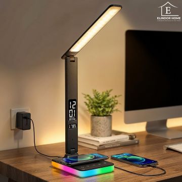 Lampa de Birou Elindor® Negara cu LED Integrat, Incarcare USB, cu Incarcare Rapida Telefon, 3 Moduri Lumina Camera Rece/Cald, Comanda prin Buton, Veioza Pliabila cu Brat Reglabil, Compacta si Portabila, pentru Birou, Dormitor, Hol, Living, 36.5 cm - Defa