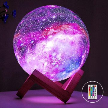 Lampa de Veghe Elindor® cu LED, Model Luna si Galaxie, Incarcare USB, 16 Culori pentru Camera cu Efect 3D, Veioza Control prin Atingere si cu Telecomanda, Potrivita si pentru Noptiera in Dormitor,  Atractiva pentru Camera Copilului, Baza din Lemn - Defau