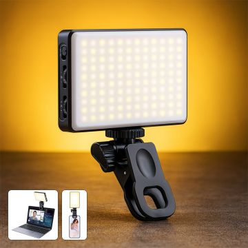 Lampa LED Portabila Elindor® pentru Telefon, Tableta, Laptop, Camera, Lumina Profesionala Compacta pentru Selfie si Machiaj, cu Clip Reglabil si Suport Trepied, 3 Moduri Culoare Alb, Cald, Natural, 10 Trepte Intensitate, Baterie Reincarcabila, Negru - De