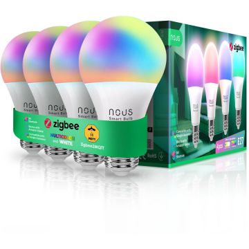 Nous Set 4 becuri LED RGB inteligente Nous P3Z, ZigBee, E27, 9W, 810 lm, lumina alba si colorata, clasa energetica F