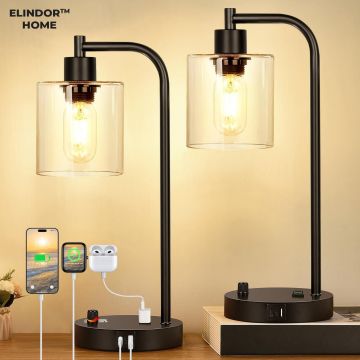 Set 2 Veioze de Noptiera Elindor® Veioza Aurie cu Intrerupator Rotativ de Reglare a Intensitatii, Lampa cu Baza Metalica si Abajur din Sticla, Lampa pentru Camera de Zi, pentru Dormitor, Sufragerie, Birou, 2 Porturi USB, Antialunecare, 20 x 15 x 41 cm -