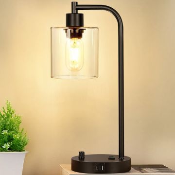 Veioza de Noptiera Elindor® cu Intrerupator Rotativ de Reglare a Intensitatii, Lampa cu Baza Metalica si Abajur din Sticla, Lampa pentru Camera de Zi, pentru Dormitor, Sufragerie, Birou, 2 Porturi USB, Antialunecare, 20 x 15 x 41 cm, Negru - Default Titl