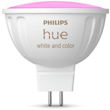 Philips Bec LED RGB inteligent Philips Hue MR16, Bluetooth/Zigbee, tip spot, GU5.3, 12V, 6.3W, 400 lm, lumina alba si colorata (2000-6500K), clasa energetica G