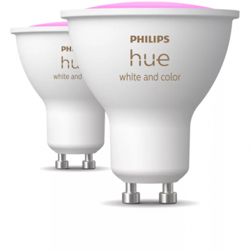 Philips Pachet 2 becuri LED RGBW inteligente Philips Hue, Bluetooth, Zigbee, GU10, 4.2W, 400 lm, lumina ambianta alba si color, Clasa energetica E