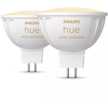Philips Set 2 becuri LED inteligente Philips Hue MR16, Bluetooth/Zigbee, tip spot, GU5.3, 12V, 5.1W, 400 lm, lumina alba reglabila (2200-6500K), clasa energetica G