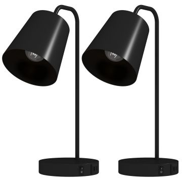 HOMCOM Set lămpi de masă, 2 buc., lămpi moderne cu port USB-A și USB-C pentru dormitor, living & birou, negru | Aosom Romania