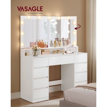 Masa de toaleta cu LED, Kailyn, Vasagle, Alb, 107x40x144 cm