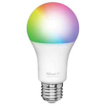 Trust Bec LED inteligent Trust WiFi RGBCW E27,  luminozitate 806 lm, clasa energetica A+, Alb si colorat