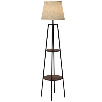 Lampa de Podea cu Rafturi, Inalta cu Abajur din Material Textil (Becul nu este Inclus), Nuc Maro si Maro Deschis, Φ42x166cm HOMCOM | Aosom RO
