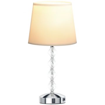 HOMCOM Lampă de Masă cu Buton și Port USB, Lampă Modernă din Metal, Sticlă și Poliester, Ø23x45 cm, Argintiu | Aosom Romania