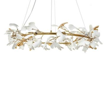 Lustra Suspendata, Metal Auriu, Petale Flori Albe Ceramice, FLORA 120
