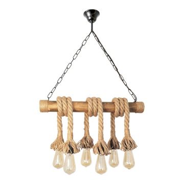 Lustra rustica fabricata manual cu 6 pendule din lemn si sfoara KOS