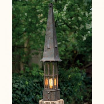 Stalp iluminat exterior din fier forjat inaltime 103,5cm, design medieval cu acoperis ondulat, AL 6844