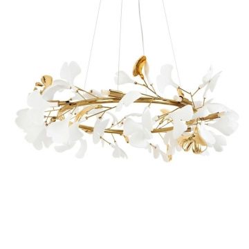 Lustra Suspendata, Metal Auriu, Petale Flori Albe Ceramice, FLORA 80