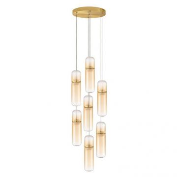 Lustra moderna cu 7 pendule LED, Metal, Auriu, Sticla, Amber, Norma