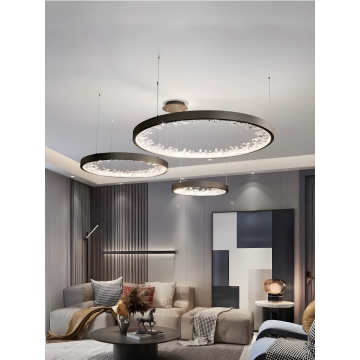 Candelabru Inelar LED Modern cu Cristale Decorative, Negru – Detalii Distinse pentru O Ambianță Premium, Model DM23529/40+60+80