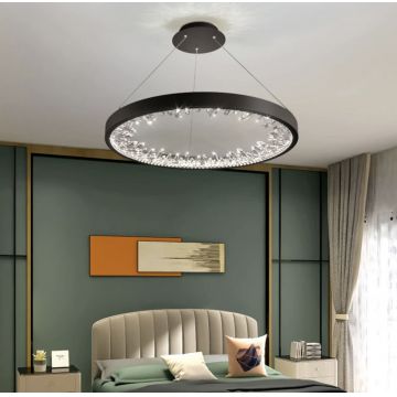 Candelabru LED Inelar DM Living, Model DM23529/40 Negru – Cristale Luminoase și Telecomandă pentru Eleganță Modernă