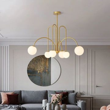 Candelabru modern DM Living, Model DM1018/6 – Design Cu Brațe Aurii și Sfere Luminoase, Dimensiuni Generoase pentru Un Iluminat Distins