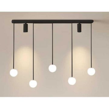 Lampa Suspendată Premium LED Neagră cu 5 Globuri Alb Mat, 56W și Telecomandă – Design Modern și Iluminare Elegantă DM-G4043