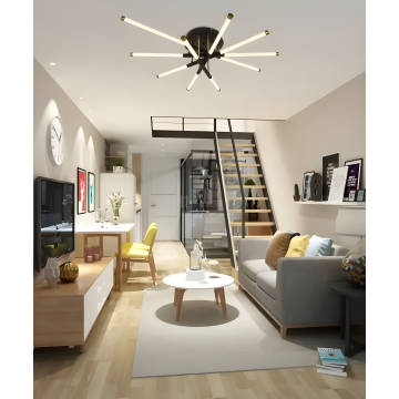 Lustră de Lux DM80011/5 – Design Suspendat cu 5 Corpuri de Expunere, Telecomandă și 3 Tipuri de Lumină, 75W, Negru/Auriu