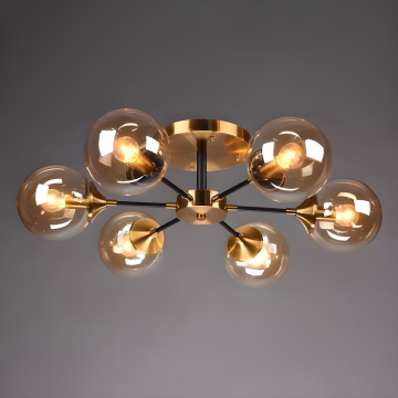 Lustră Elegantă cu 6 Surse de Iluminare E14 și Globuri din Chihlimbar – Lux și Stil pentru Orice Spațiu, Model DM1055/6