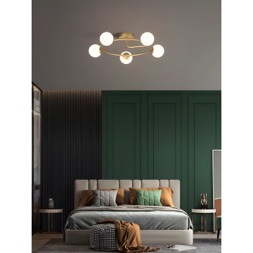 Lustră Suspendată de Lux, Auriu cu 5 Globuri, Design Cu Bile Alb Mat, Model DM6655-5