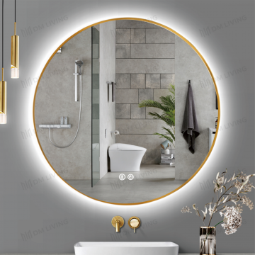 Oglindă LED cu Iluminare de Fundal, 70x70cm, Model DM010 – Design Elegant cu Accente Aurii și Lumină Ambientala Modernă