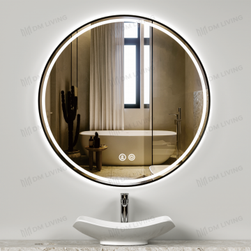 Oglindă LED Neagră, 70x70cm, Model DM016 – Design Modern cu Bandă Luminoasă pentru Baia Ta