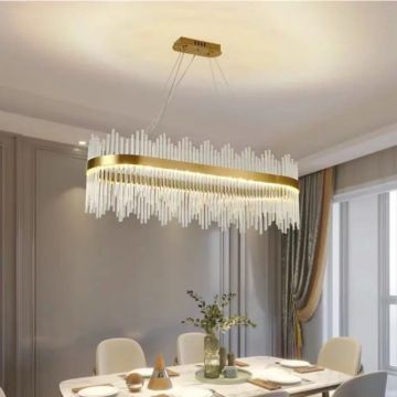 Candelabru Oval din Metal Auriu cu Cristale și Fibre Optice DM800*300 GD Auriu – Ideal pentru Săli de Evenimente și Livinguri Spațioase