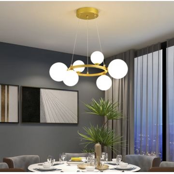 Lustră LED cu 6 Abajururi, Model DM5070/6 Auriu/Alb – Iluminat Uniform și Accente de Lux pentru Interior