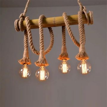 Lustră Rusticǎ de Lux cu Detalii din Lemn și Frânghie, 4 Surse de Iluminare, DM 4S E27 – Ideală pentru Spații Elegante și Atmosferă Calduroasă