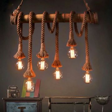 Lustră Rusticǎ Inovatoare cu Detalii din Lemn și Frânghie, 6 Surse de Iluminare – O Alegere Premium pentru Iluminat Elegant și Natural