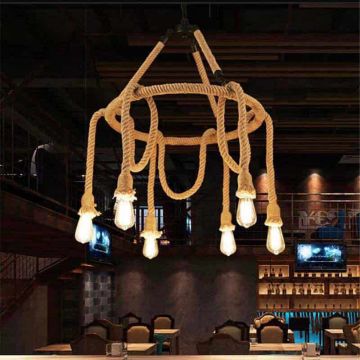 Lustră Rustică cu Sfoară, Design Circular cu 6 Surse de Iluminare, DM8856 – Iluminat Stilat pentru Camere de Zi și Livinguri