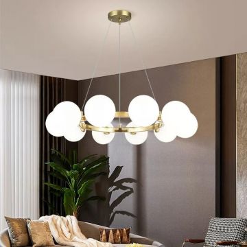 Pendul Model DM5750/10, Cu 10 Abajururi, Inaltime Reglabila, 10 x E27, Auriu/Alb