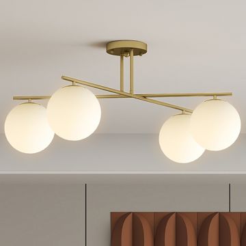 HOMCOM Plafonier candelabru modern cu 4 lumi cu soclu E14, montaj semi-aplatizat, aur si crem | Aosom Romania