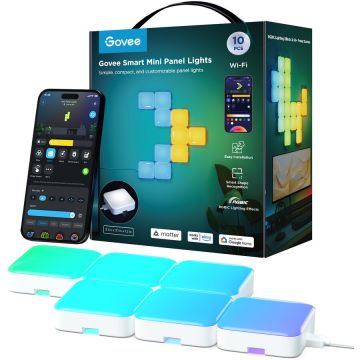 Govee Kit panouri mici luminoase LED Govee H8069, RGBIC, Wi-Fi + Bluetooth, 10 panouri, Alexa , Google Asistant, Matter