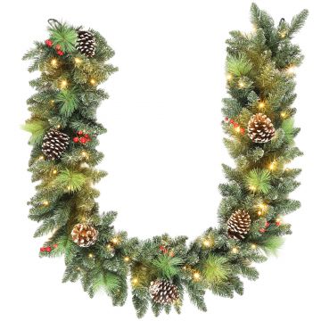 HOMCOM Ghirlandă de Crăciun 183 cm cu Crengi Înzăpezite și 30 de Lumini Albe, Conuri și Boabe pentru Interioare | Aosom Romania
