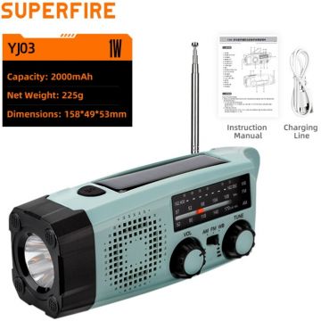 Supfire Lanterna LED Multifunctionala cu radio Superfire YJ03, incarcare solara sau manuala (dinam), power bank, 100lm, 2000mAh, incarcare usb-c