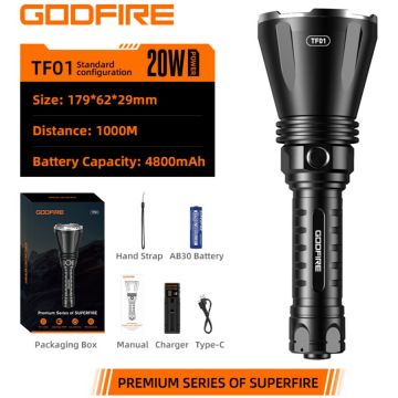 Supfire Lanterna tactica LED Godfire TF01, 1000m, 1371lm, aliaj aluminiu, 4800mAh, 245g, 5 moduri