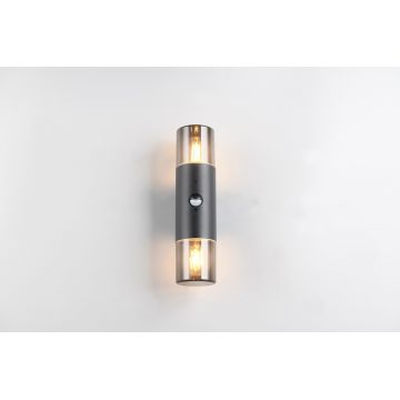 Aplica de perete pentru exterior cu senzor Hoosic, TRIO, 8.5x11.8x33 cm, 28W, 2x E27, aluminiu, negru mat