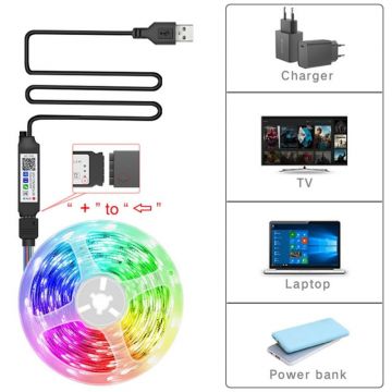 Kit banda LED RGB Smart WiFi Techstar®, SMD 5050, 5m, DC 5V, USB, Control Vocal, Compatibila cu Alexa Amazon si Google