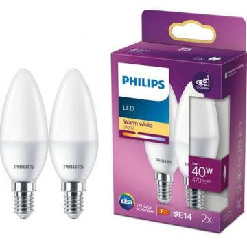 Philips Pachet 2 becuri LED Philips B35, tip lumanare/lustra, EyeComfort, E14, 5W (40W), 407 lm, lumina alba calda (2700K)