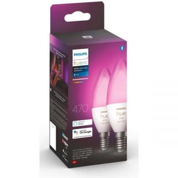 Philips Pachet 2 becuri LED RGB inteligente Philips Hue B39, Bluetooth, Zigbee, E14, 4W (25W), 470 lm, lumina alba si color