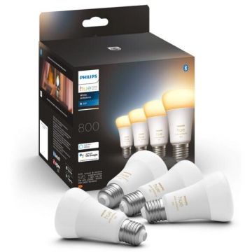 Philips Pachet 4 becuri LED inteligente Philips Hue, Bluetooth, Zigbee, A60, E27, 6W (60W), 570 lm, lumina alba (2200-6500K)