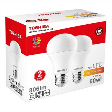 Toshiba Set 2 Bec LED Toshiba, E27, 8.5W, 806 lm, lumina calda