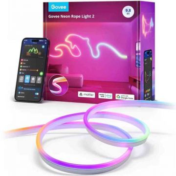 Banda LED inteligenta Neon H61D3 RGBIC Wi-Fi Bluetooth Matter 48W Sincronizare Muzica Alexa Google Asistant 3m Multicolor